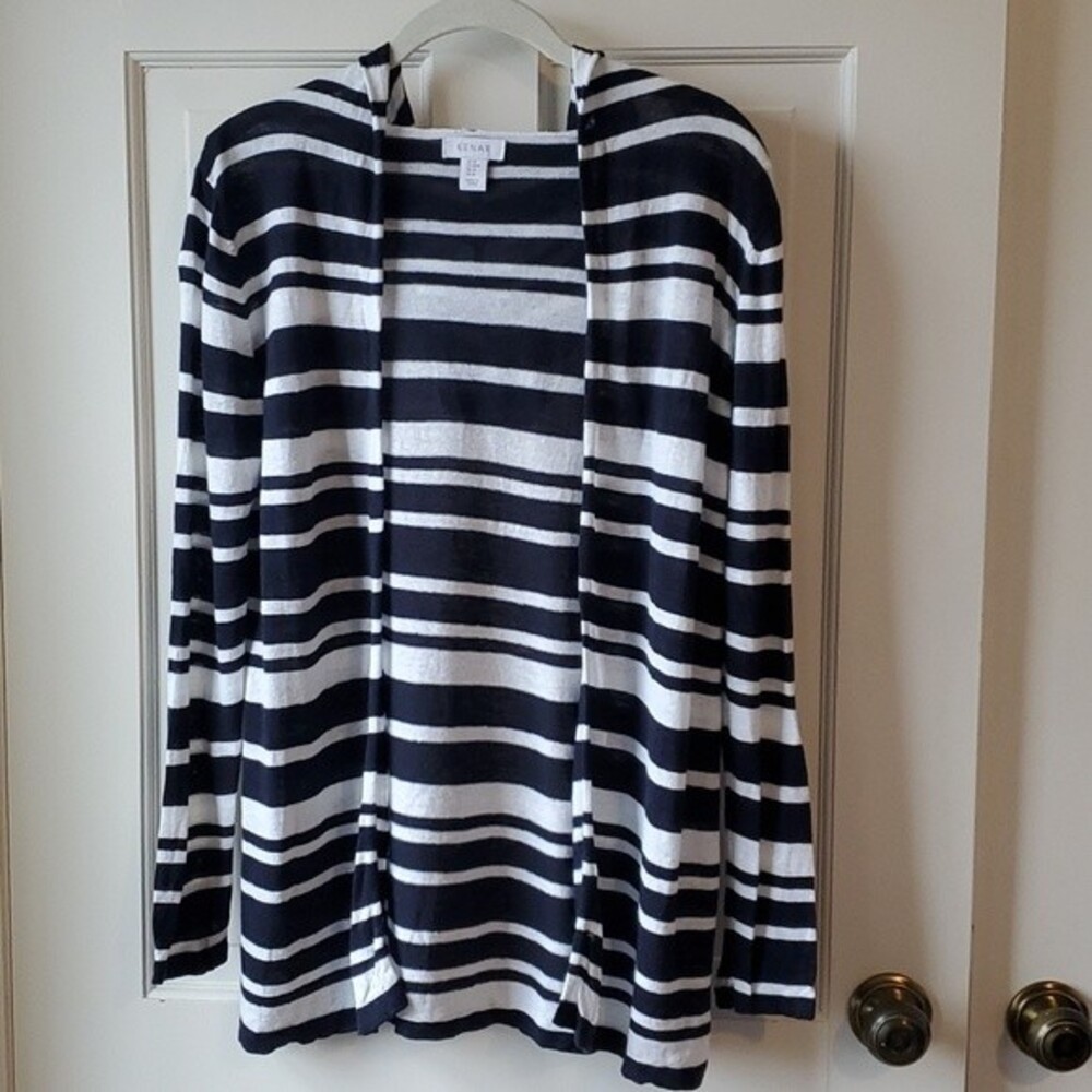 KENAR LINEN NAUTICAL STRIPED COASTAL CARDIGAN SWEATER SIZE MEDIUM BLUE WHITE